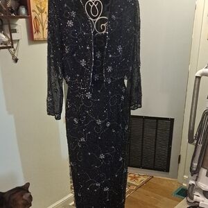 Gorgeous Silk Beaded Montage Spaghetti Strap Gown With Jacket, Sz 14